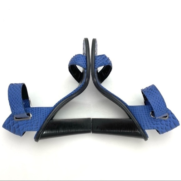 Tibi Snakeskin Embossed Leather Chunky Heel Ankle Strap Buckle Sandal Royal Blue - Picture 7 of 9